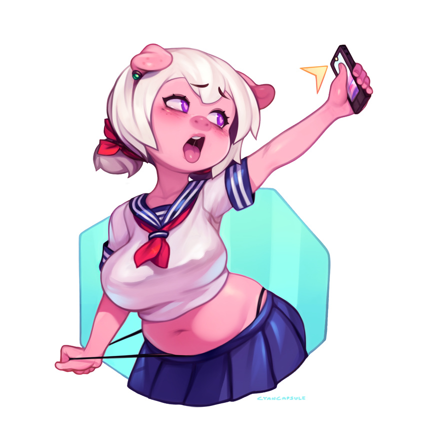 &lt;3 &lt;3_eyes 2017 anthro blush cellphone clothed clothing cyancapsule ear_piercing emelie female hair hi_res holding_object holding_phone mammal midriff navel open_mouth phone piercing pig porcine purple_eyes selfie simple_background slightly_chubby solo tongue tongue_out white_hair