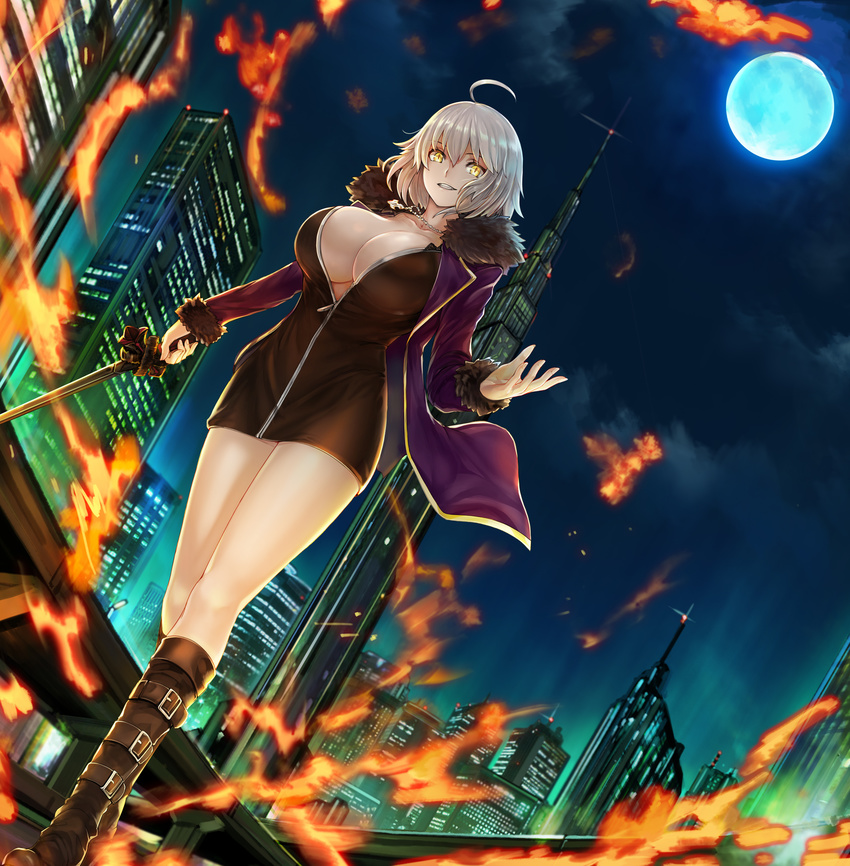 ahoge black_dress black_footwear boots breasts building center_opening city coat dress dutch_angle fate/grand_order fate_(series) fire from_below full-length_zipper fur-trimmed_coat fur_trim grin highres jeanne_d'arc_(alter)_(fate) jeanne_d'arc_(fate)_(all) knee_boots large_breasts mhg_(hellma) moon night no_bra purple_coat short_dress silver_hair skyscraper smile solo sword unzipped weapon wicked_dragon_witch_ver._shinjuku_1999 yellow_eyes zipper