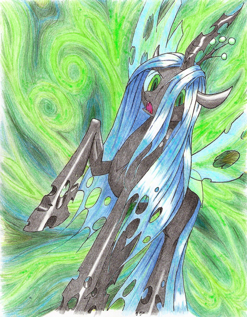 2012 abstract_background blue_hair changeling colored_pencil crown eyelashes fangs female friendship_is_magic full-length_portrait green_background green_eyes hair horn insect_wings looking_at_viewer my_little_pony nude open_mouth pencil_(artwork) philo5 portrait pose queen_chrysalis_(mlp) signature simple_background slit_pupils solo spiral_background traditional_media_(artwork) wings