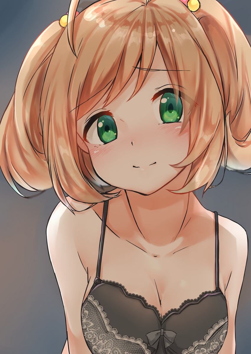 absurdres ahoge bangs black_bra blonde_hair bra breast_squeeze breasts cleavage closed_mouth collarbone curly_hair deko_isu eyebrows_visible_through_hair eyes_visible_through_hair green_eyes grey_background hair_bobbles hair_ornament head_tilt highres idolmaster idolmaster_cinderella_girls lace lace-trimmed_bra large_breasts light_smile lingerie looking_at_viewer medium_hair satou_shin solo swept_bangs tareme twintails underwear upper_body