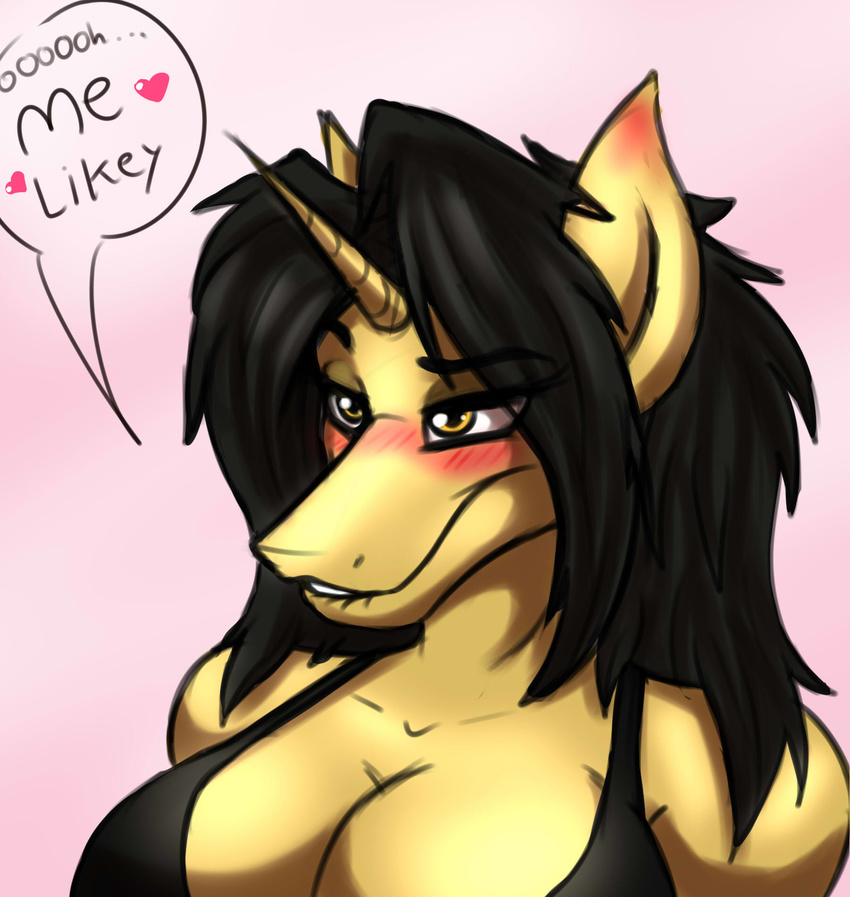 &lt;3 2017 amber_eyes amber_steel anthro big_breasts biting_lip black_hair blush breasts cleavage clothed clothing english_text equine eyebrows eyelashes female hair hi_res horn horse mammal metalfoxxx reaction_image solo text unicorn yellow_eyes
