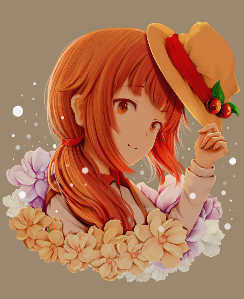 absurdres bangs beige_hat brown_background closed_mouth collared_shirt eyebrows_visible_through_hair flag flower hat hat_ribbon hat_tip head_tilt highres holding holding_hat kirimatsu long_hair long_sleeves looking_at_viewer looking_to_the_side low_ponytail orange_eyes orange_hair original ponytail purple_flower red_ribbon ribbon shirt smile solo white_flag white_shirt