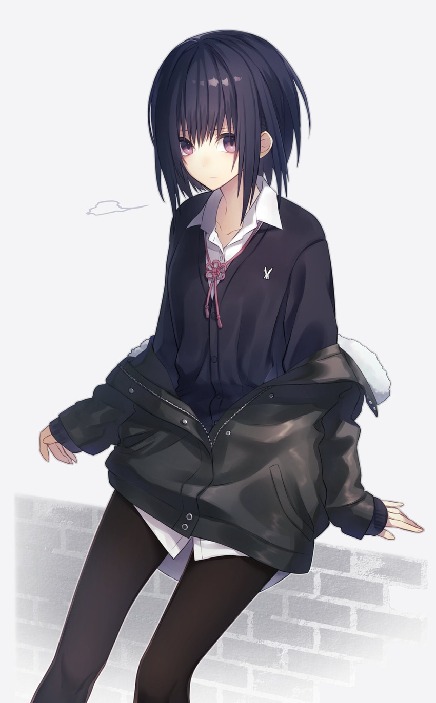 arm_at_side bangs black_hair black_jacket black_legwear brick closed_mouth coat collared_shirt expressionless feet_out_of_frame fur_trim grey_background haizome_senri highres jacket long_sleeves looking_at_viewer off_shoulder open_clothes open_coat original pantyhose partially_unbuttoned partially_unzipped pink_ribbon purple_eyes reverse_trap ribbon shirt short_hair simple_background sitting sleeves_past_wrists solo wing_collar