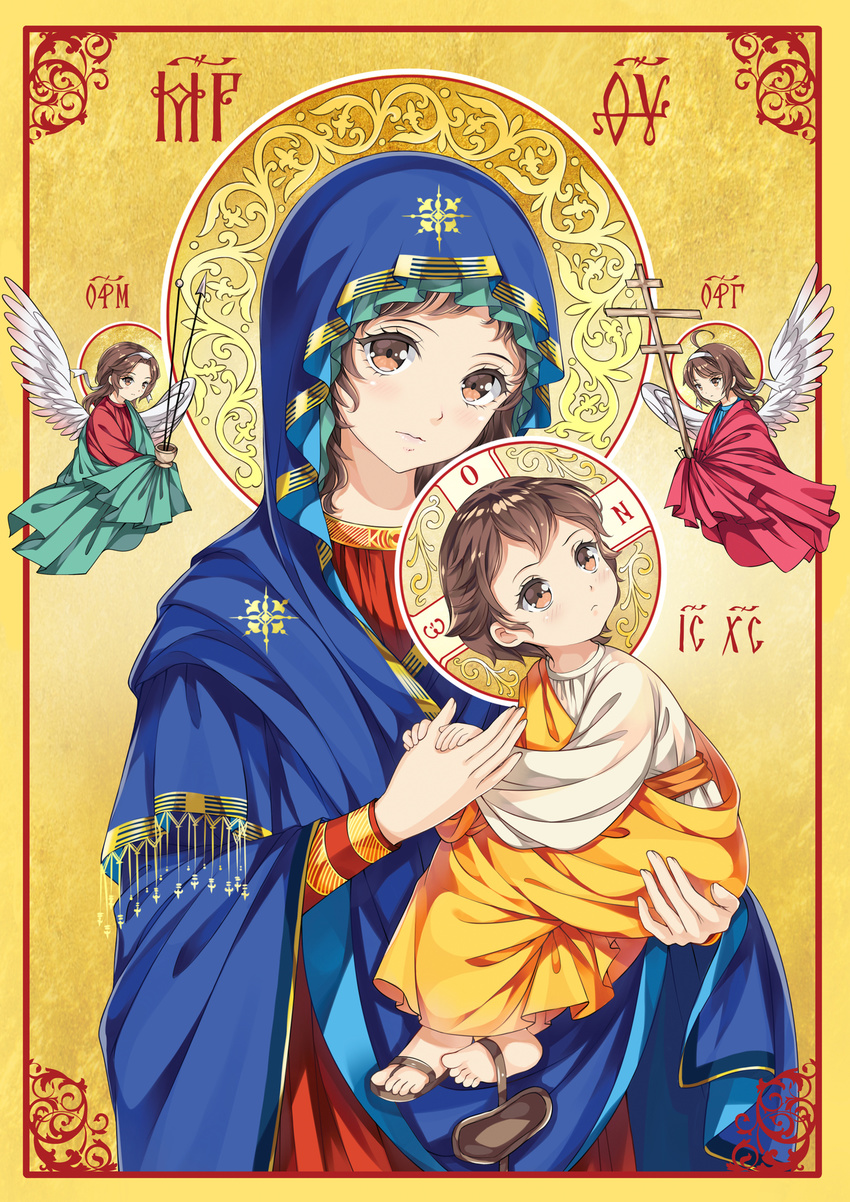 3boys ahoge angel angel_wings archangel_gabriel archangel_michael border brown_eyes brown_hair christianity cross fine_art_parody gold_trim greek highres jesus mother_and_son multiple_boys our_lady_of_perpetual_help outside_border parody phanc red_border shoe_dangle short_hair the_bible translated virgin_mary wings