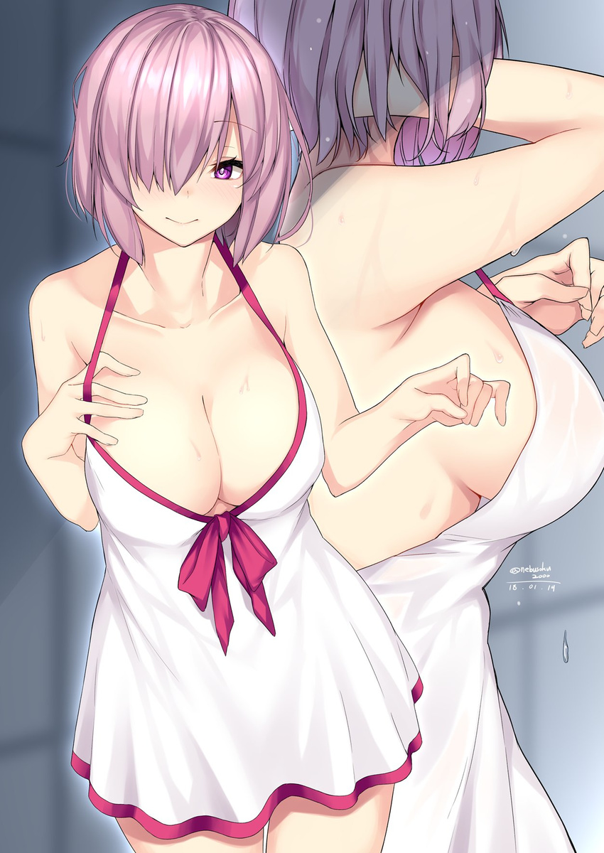 adjusting_hair arm_up armpits bare_arms bare_shoulders bow bow_swimsuit breasts cleavage closed_mouth collarbone cowboy_shot dated dress dress_swimsuit eyebrows_visible_through_hair fate/grand_order fate_(series) hand_in_hair hand_on_own_chest highres large_breasts looking_at_viewer mash_kyrielight multiple_views nebusoku pink_bow pink_hair purple_eyes see-through shiny shiny_hair short_hair sideboob sleeveless sleeveless_dress smile standing strap_gap sweat swimsuit swimsuit_of_perpetual_summer thighs twitter_username wet wet_clothes wet_swimsuit white_swimsuit