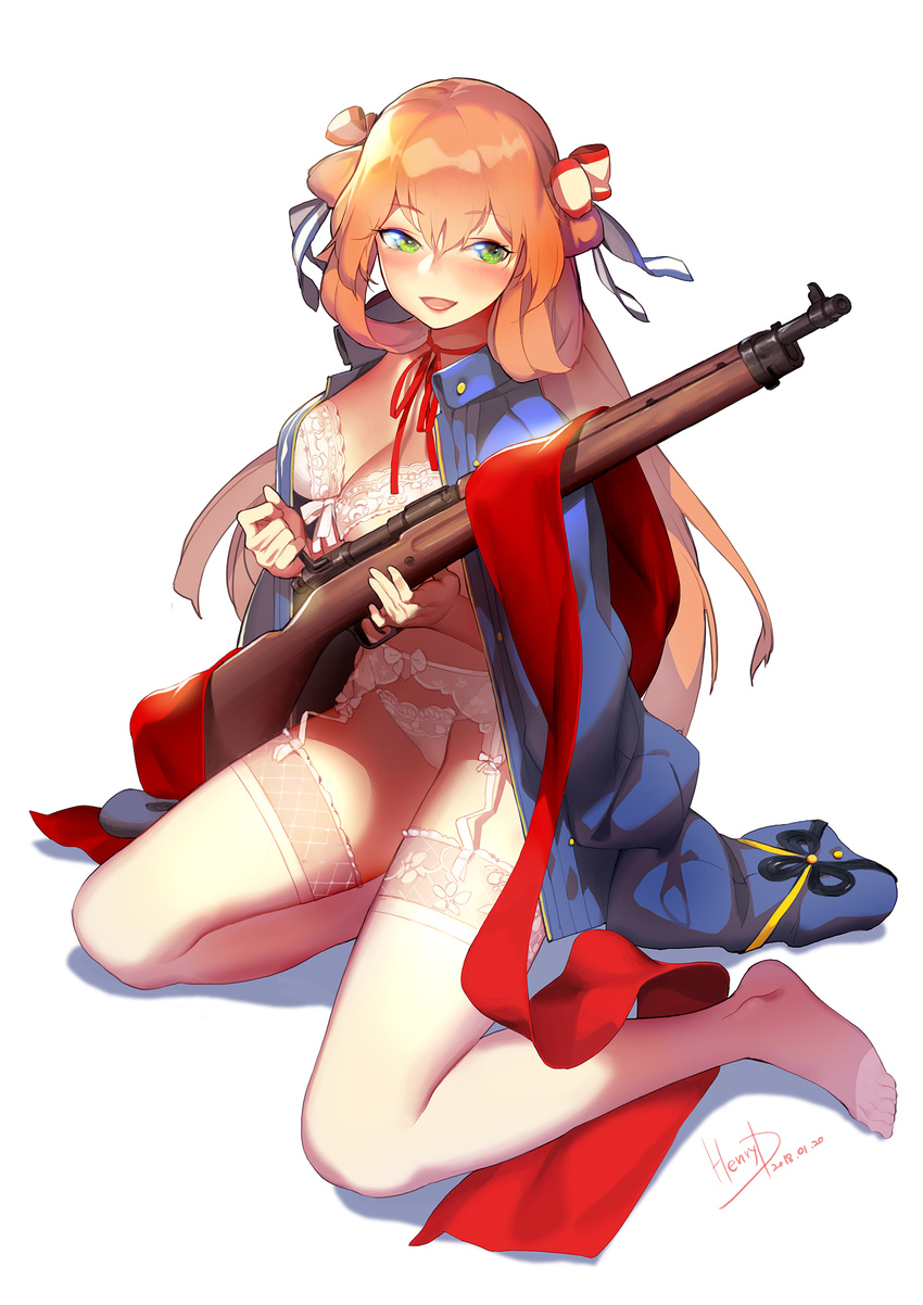 alternate_costume bangs blue_jacket blush bolt_action bow bra breasts brown_hair cleavage clothes_removed collarbone collared_jacket commentary dated eyebrows_visible_through_hair garter_belt girls_frontline green_eyes gun hair_between_eyes hair_bow hair_ribbon hair_rings henry_davis highres holding holding_gun holding_weapon jacket jacket_on_shoulders lace lace-trimmed_bra lace-trimmed_panties lace-trimmed_thighhighs large_breasts lingerie long_hair looking_at_viewer m1903_springfield m1903_springfield_(girls_frontline) multicolored_bow neck_ribbon open_clothes open_jacket open_mouth panties ponytail red_ribbon red_sash ribbon rifle sash sidelocks signature simple_background sitting smile sniper_rifle solo thighhighs underwear weapon white_background yokozuwari