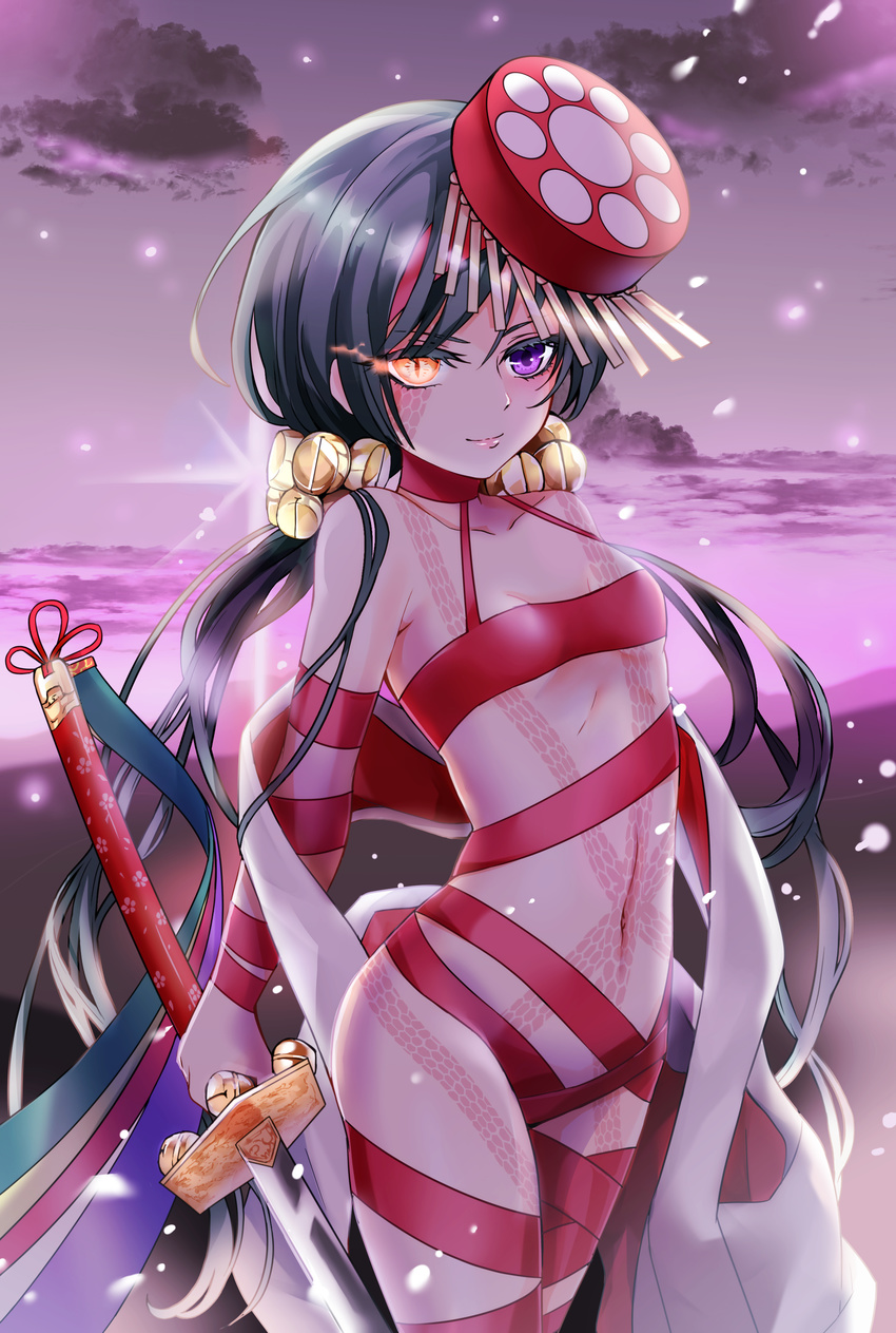 absurdres arm_strap bangs bare_shoulders bell black_hair breasts burning_eyes closed_mouth cloud collarbone cowboy_shot eyelashes fate/grand_order fate_(series) full_body_tattoo hat heterochromia highres holding holding_sword holding_weapon jingle_bell light_particles lips long_hair looking_at_viewer mochizuki_chiyome_(fate/grand_order) navel outdoors purple_eyes purple_sky red_hat revealing_clothes shiina_(vuurrood) shiny shiny_hair small_breasts smile solo standing stomach sword tattoo thighs tsurime weapon yellow_eyes