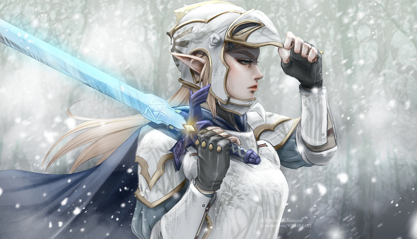 alternate_costume armor blonde_hair blue_eyes breastplate cape commentary fingerless_gloves full_armor gloves greaves hair_ornament hairclip helmet kumanz lips long_hair master_sword nose pauldrons pointy_ears princess_zelda snowing solo sword the_legend_of_zelda the_legend_of_zelda:_breath_of_the_wild thick_eyebrows weapon winter