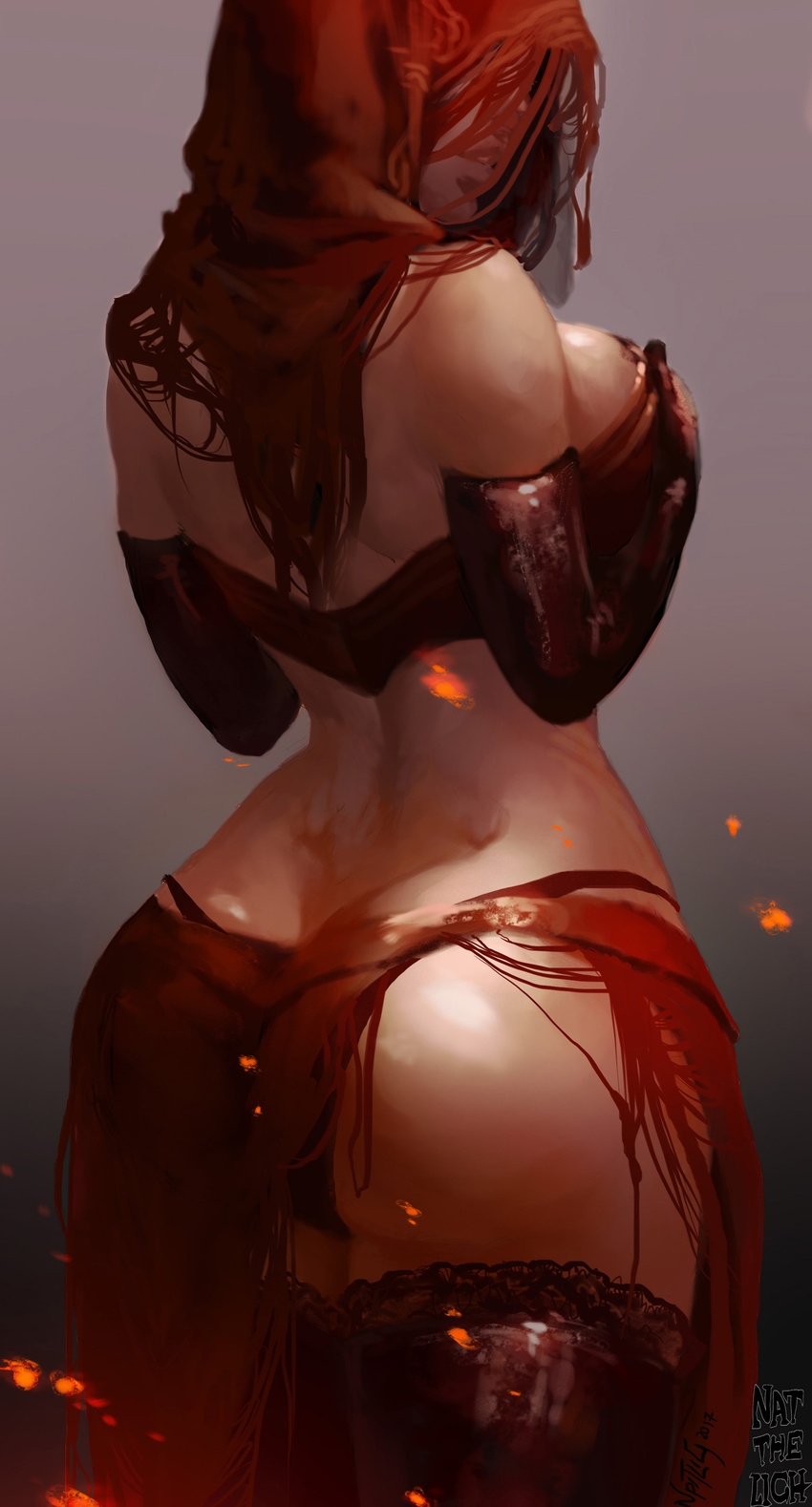 absurdres ass breast_hold breasts butt_crack commentary covered_face curvy dark_souls_ii desert_sorceress elbow_gloves facing_away from_behind gloves highres hood lace lace-trimmed_thighhighs large_breasts nat_the_lich panties parted_lips red red_gloves red_legwear red_panties sarong solo souls_(from_software) strapless thighhighs tubetop underwear