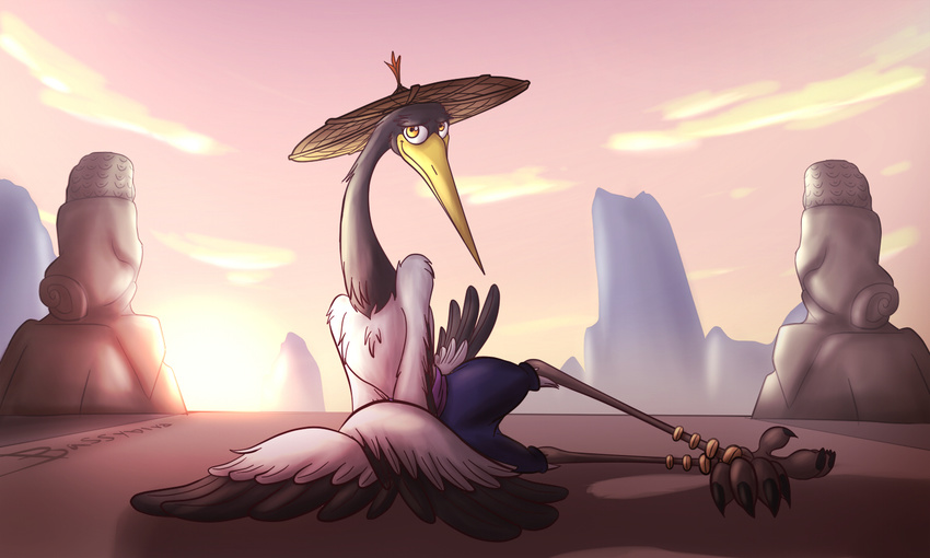 4_toes anisodactyl avian bassybird bassywolfeh beak biped bird claws clothed clothing crane detailed_background digital_drawing_(artwork) digital_media_(artwork) dreamworks feathers feral kung_fu_panda long_beak looking_at_viewer male master_crane mountain outside rock seductive semi-anthro shadow sky soft_shading solo sunset talons toes wings