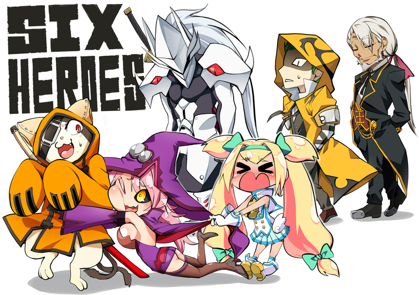 &gt;_&lt; 2girls 4boys arc_system_works armor artist_request ass bare_shoulders black_sclera blazblue blonde_hair blush boots breasts cape cape_pull cat chibi detached_sleeves dress eyepatch eyes_closed facial_hair fang gloves green_hair hair_ribbon hairband hakumen hat high_heels hood hug jubei_(blazblue) konoe_a_mercury large_breasts long_hair mask multiple_boys multiple_girls one_eye_closed open_mouth orange_eyes phantom_(blazblue) pink_hair platinum_the_trinity ponytail quad_tails ribbon sheathed shiny shiny_hair shiny_skin short_dress short_hair sideboob silver_hair skirt smile suit sweatdrop sword thighhighs valkenhayn_r_hellsing very_long_hair weapon yellow_eyes yuuki_terumi