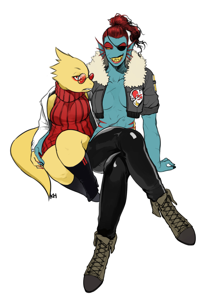 2016 alphys_(underfell) alternate_universe anthro blue_skin breasts cleavage clothed clothing duo eye_patch eyewear fan_character female female/female fish glasses grin hair hi_res jacket kkhoppang long_hair marine red_hair scar simple_background sitting smile sweater underfell undertale undyne_(underfell) video_games yellow_skin