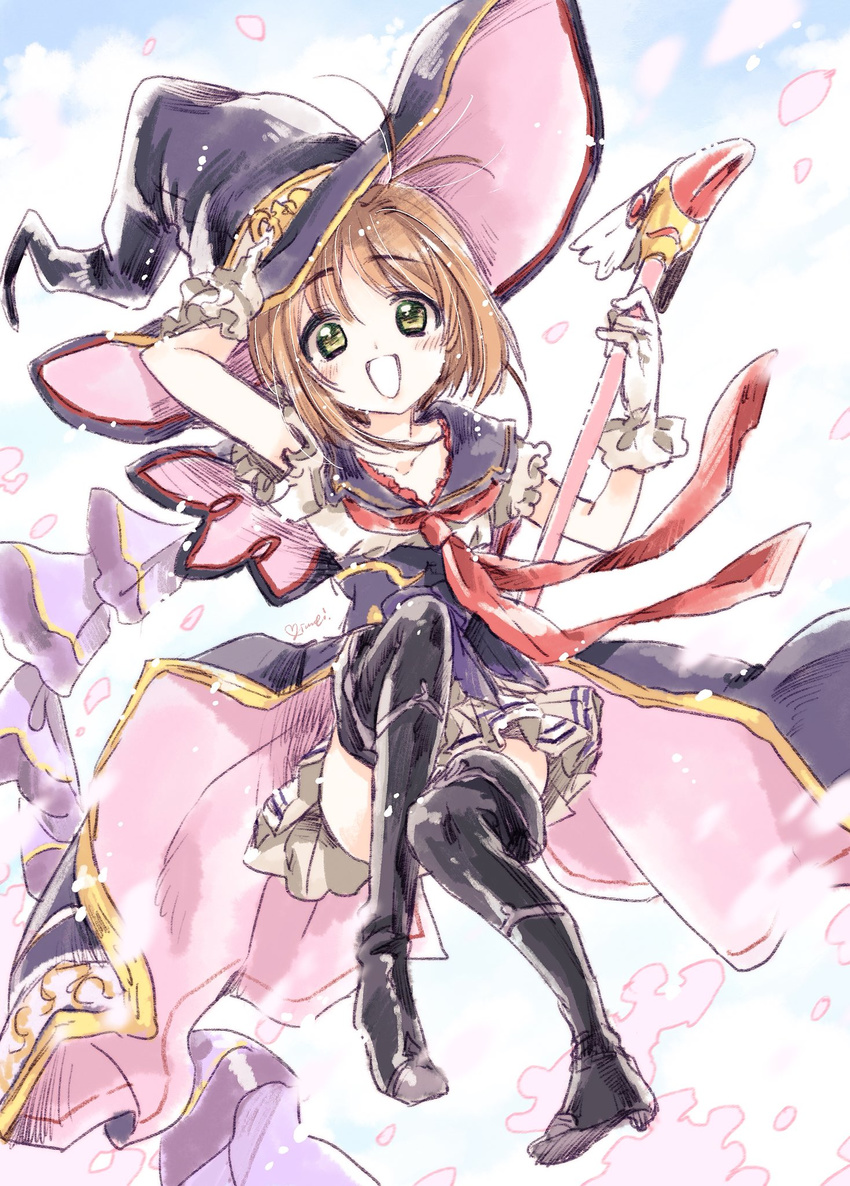 :d artist_name bangs black_footwear boots brown_eyes brown_hair cardcaptor_sakura cherry_blossoms commentary_request eyebrows_visible_through_hair flying frilled_shirt frills full_body fuuin_no_tsue gloves granblue_fantasy hat highres kinomoto_sakura kuroi_mimei looking_at_viewer magical_girl miniskirt neckerchief open_mouth overskirt parted_lips pleated_skirt red_neckwear sailor_collar shirt short_hair short_sleeves signature sketch skirt smile solo striped striped_skirt thigh_boots thighhighs traditional_media warlock_(granblue_fantasy) white_gloves white_shirt white_skirt wind witch_hat