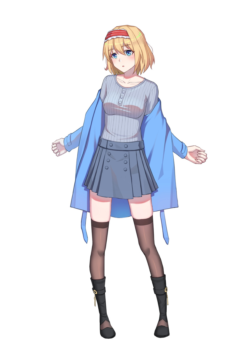:o alice_margatroid alternate_costume bangs black_footwear blonde_hair blue_eyes blue_jacket blue_skirt blue_sweater blush boots breasts casual collarbone du_mogu eyebrows_visible_through_hair frills full_body hairband head_tilt highres jacket knee_boots legs_apart lolita_hairband long_sleeves medium_breasts off_shoulder open_clothes open_jacket open_mouth pleated_skirt short_hair simple_background skirt solo standing sweater thighhighs thighhighs_under_boots touhou white_background zettai_ryouiki