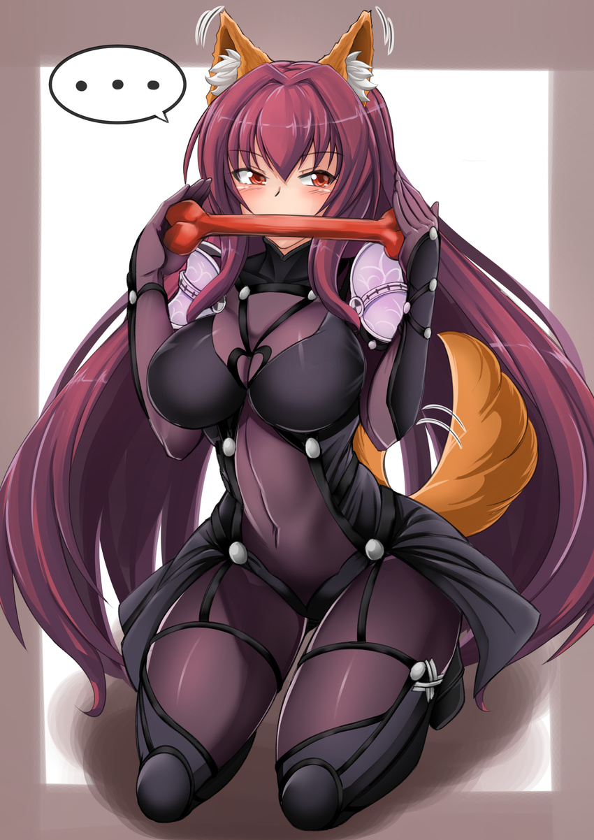 1girl absurdres animal_ears armor bodysuit bone breasts commentary covered_navel fate/grand_order fate_(series) fox_ears fox_tail highres large_breasts long_hair pauldrons purple_bodysuit purple_hair red_eyes scathach_(fate)_(all) scathach_(fate/grand_order) shoulder_armor spoken_ellipsis tail virusotaku