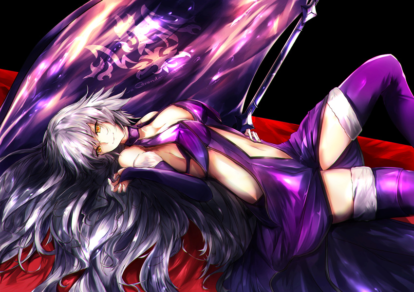 bed boots breasts bridal_gauntlets closed_mouth dress fate/grand_order fate_(series) flag grey_hair jeanne_d'arc_(alter)_(fate) jeanne_d'arc_(fate)_(all) large_breasts long_hair looking_at_viewer lying navel on_back otsunabe_(naabe_delta) purple_legwear smile solo thighhighs yellow_eyes