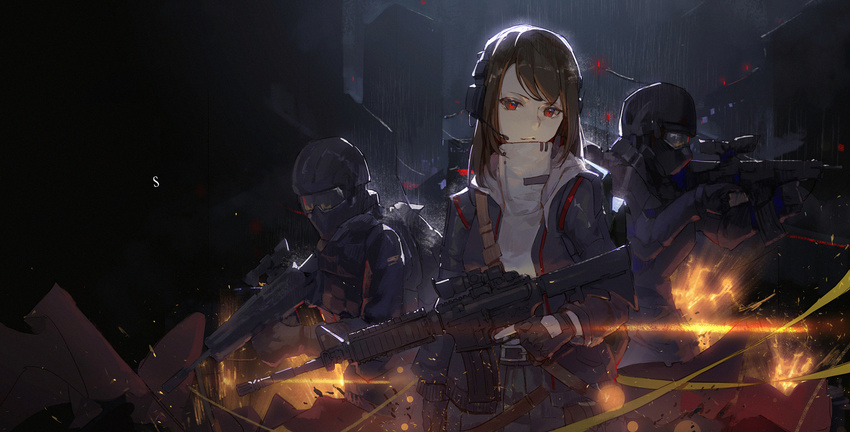 2boys assault_rifle belt black_gloves brown_hair closed_mouth commentary_request explosion finger_on_trigger fingerless_gloves fire gloves goggles gun headphones helmet highres jacket kuroduki_(pieat) long_hair looking_at_viewer microphone multiple_boys night original outdoors rain red_eyes rifle scope smile standing trigger_discipline weapon
