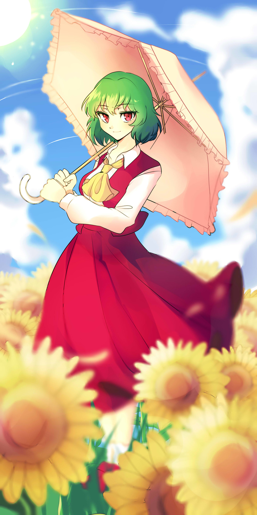 absurdres ascot bad_id bad_twitter_id blue_sky blurry breasts closed_mouth cloud collared_shirt colored_eyelashes day depth_of_field eyebrows eyebrows_visible_through_hair flower frilled_umbrella frills garden_of_the_sun green_hair highres holding holding_umbrella kazami_yuuka kuromiya_yurin leaf legs_together long_skirt long_sleeves looking_at_viewer medium_breasts open_clothes open_vest petals pink_umbrella red_eyes red_footwear red_skirt red_vest shirt shoes short_hair skirt skirt_set sky smile socks solo standing sun sunflower touhou tsurime umbrella vest white_legwear white_shirt wind yellow_neckwear