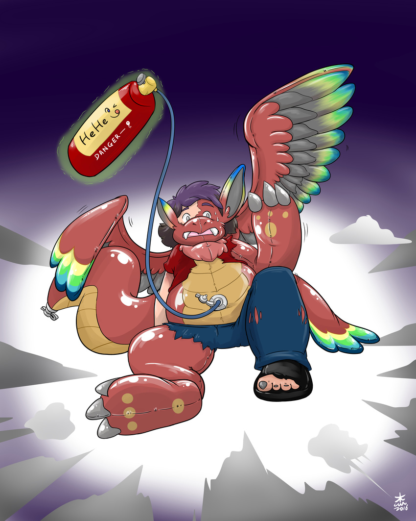 2016 3_fingers 3_toes 5_toes absurd_res akaji_(artist) animate_inanimate anthro claws clothed clothing digital_drawing_(artwork) digital_media_(artwork) dragon english_text feathered_wings feathers flammie fur furred_dragon gas_tank hair hi_res human inflatable inflation living_inflatable male mammal mana_(series) nozzle open_mouth pants pool_toy purple_hair rubber scalie secret_of_mana shiny simple_background solo teeth text toe_claws toes torn_clothing transformation video_games wings