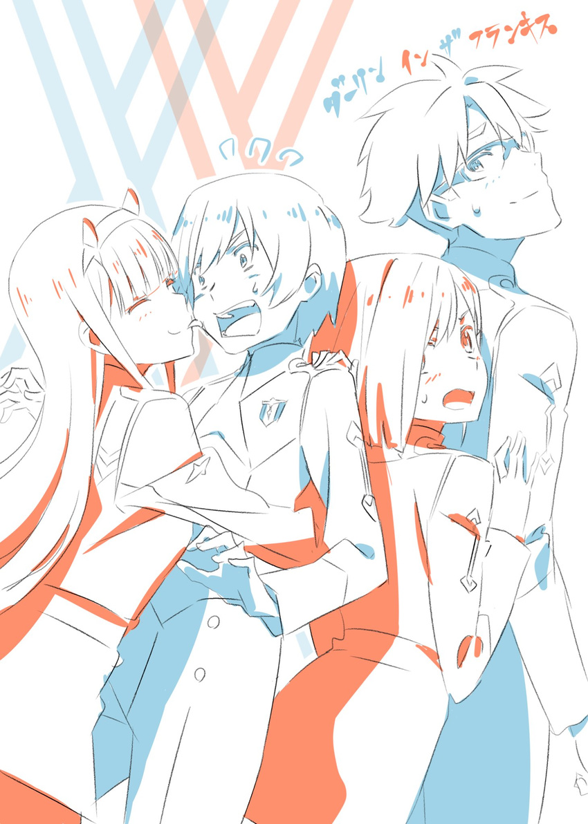 2girls ;p darling_in_the_franxx glasses gorou_(darling_in_the_franxx) highres hiro_(darling_in_the_franxx) ichigo_(darling_in_the_franxx) licking long_hair looking_back multiple_boys multiple_girls one_eye_closed pink_x sandwiched short_hair simple_background tongue tongue_out uniform white_background zero_two_(darling_in_the_franxx)