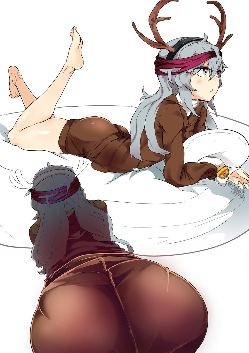 absurdres antlers ass barefoot brown_shorts fake_antlers feet_up full_body fur_trim g11_(girls_frontline) girls_frontline grey_eyes grey_hair hairband heart heart-shaped_pupils highres long_hair long_sleeves lying multiple_views on_stomach pantylines reindeer_antlers shorts symbol-shaped_pupils wwwazxc