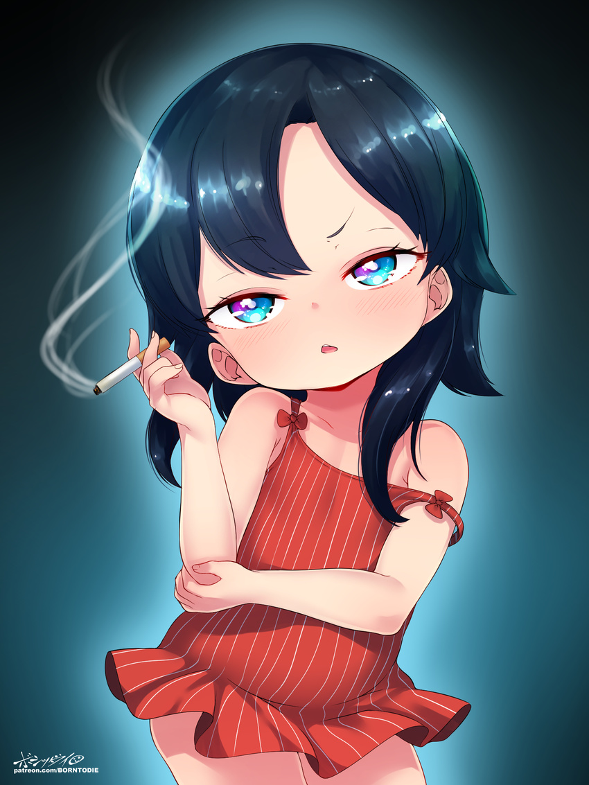 1girl black_background black_hair blue_eyes blush born-to-die bow bow_dress child cigarette copyright_request cowboy_shot dress_bow female flat_chest glow holding holding_cigarette loli long_hair looking_at_viewer off_shoulder parted_lips patreon_username raised_eyebrow red_bow shiny shiny_hair solo watermark web_address