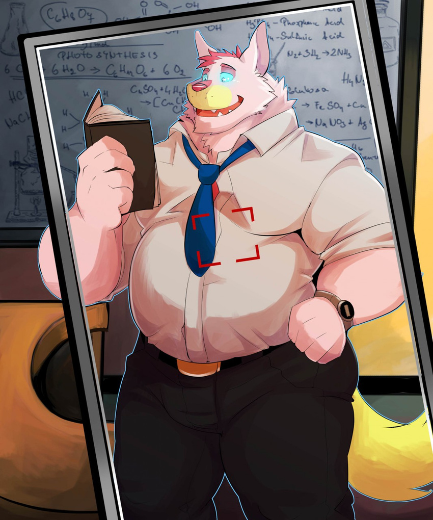 anthro belly belt blue_eyes book canine cellphone clothing detailed_background fur glowing glowing_eyes lucusold male mammal necktie obese overweight pants phone shirt smile solo watch white_fur wolf