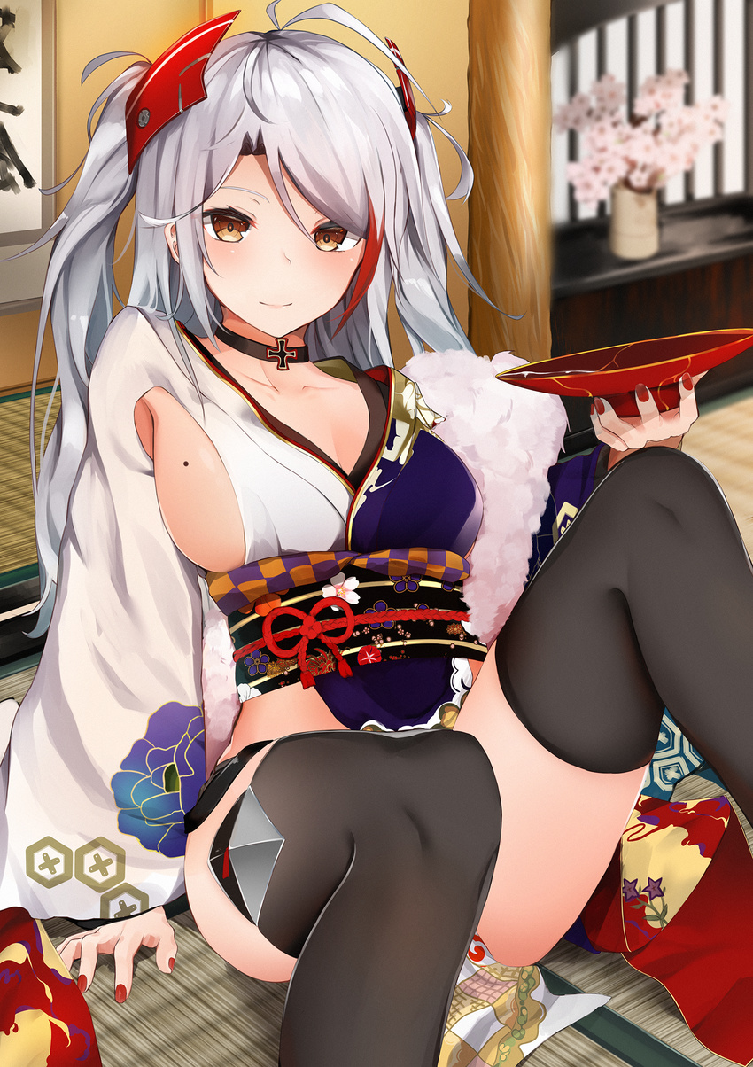 azur_lane black_legwear breasts brown_eyes choker collarbone commentary_request cup highres ikashun indoors iron_cross large_breasts looking_at_viewer mole mole_on_breast multicolored_hair nail_polish prinz_eugen_(azur_lane) red_hair red_nails sakazuki sideboob sitting smile solo streaked_hair thighhighs two_side_up