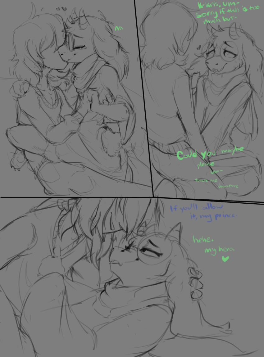ambiguous_gender anthro bovid caprine comic deltarune dialogue duo english_text eyewear fur girly glasses goat hair holding_partner horn human interspecies kissing kris_(deltarune) male male/ambiguous mammal middry ralsei text