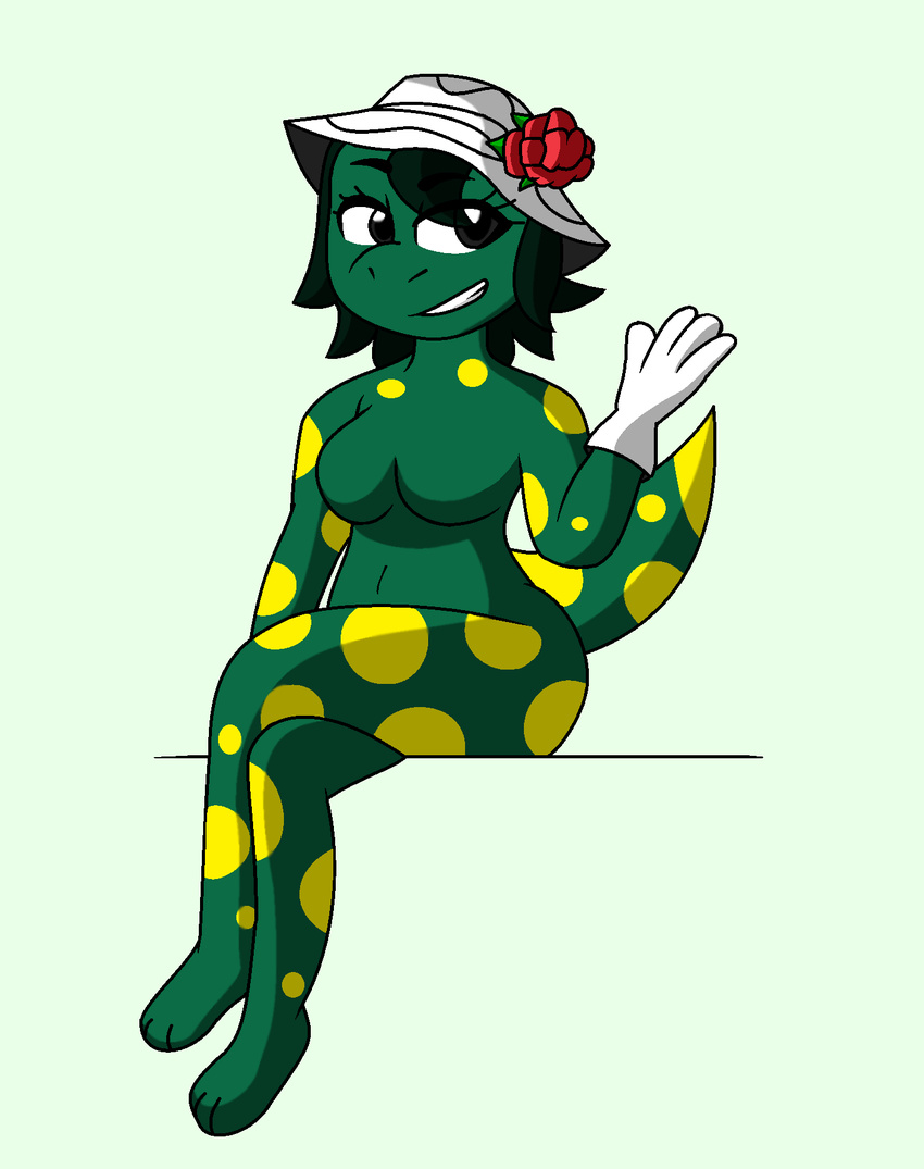 2018 anime anthro breasts clothing crossed_legs digital_media_(artwork) dinosaur dorothy_the_dinosaur featureless_breasts female flower gloves hat hi_res natethecat24 natethecat24_(artist) plant scalie simple_background smile solo the_wiggles