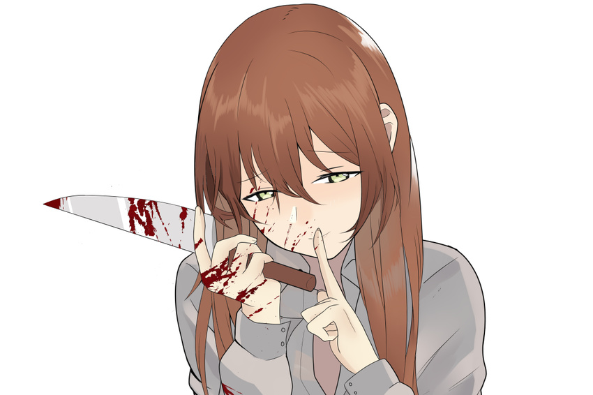 bad_id bad_pixiv_id bangs blood blood_on_face brown_hair eyebrows_visible_through_hair finger_to_mouth girls_frontline green_eyes hair_between_eyes knife long_hair long_sleeves looking_at_viewer m1903_springfield_(girls_frontline) pdc shushing simple_background smile solo upper_body white_background