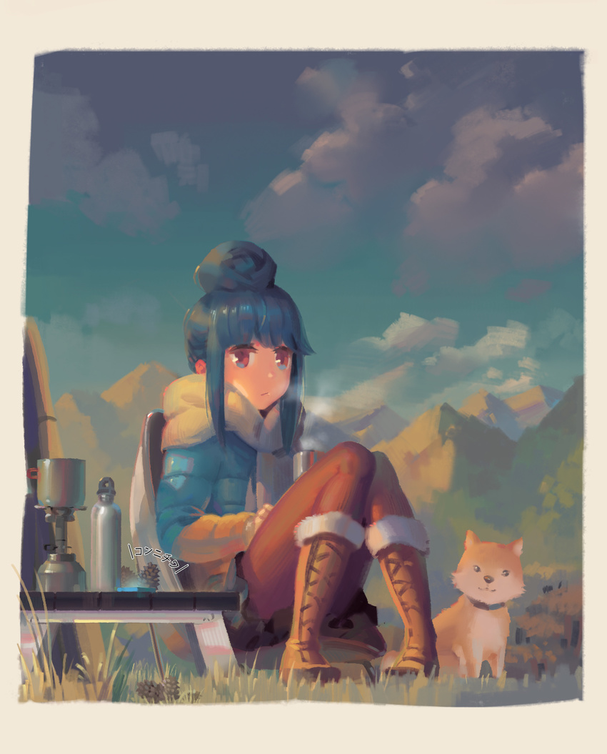 blue_coat blue_hair boots breath brown_footwear cellphone chair chikuwa_(yurucamp) cloud day dog hair_bun highres knees_together_feet_apart looking_at_viewer mountain orange_legwear outdoors pantyhose phone pinecone psi_(583278318) purple_eyes shima_rin sitting sky smartphone solo table thermos translated yurucamp