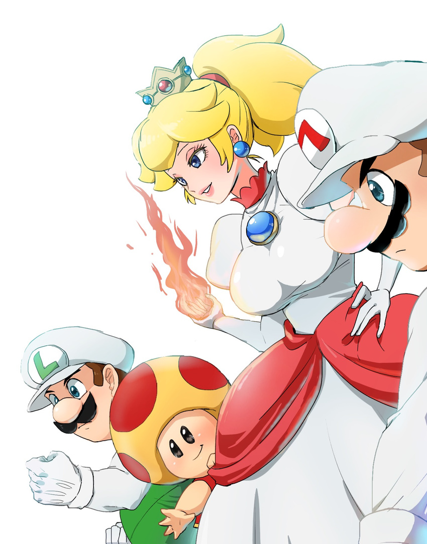 1girl 2boys alternate_costume alternate_hairstyle blonde_hair blue_eyes breasts brooch brown_hair burning_hand clenched_hands closed_mouth crown dress earrings elbow_gloves eyeshadow facial_hair fire gloves hand_on_hip hat jewelry large_breasts luigi mario mario_(series) mini_crown multiple_boys mustache nm_qi parted_lips pink_lips princess_peach shirt simple_background smile super_mario_3d_world super_mario_bros. toad white_background white_dress white_gloves white_hat white_shirt