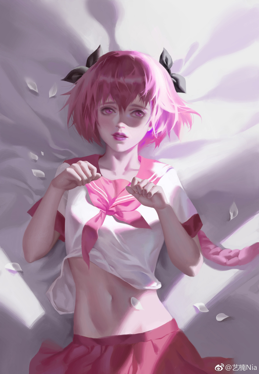 absurdres arms_up astolfo_(fate) bangs black_bow bow fate/grand_order fate_(series) from_above hair_between_eyes hair_bow highres long_hair looking_at_viewer lying male_focus navel neckerchief on_back on_bed otoko_no_ko paw_pose petals pink_eyes pink_hair pink_neckwear pink_sailor_collar pink_skirt purple_lips sailor_collar school_uniform serafuku shirt short_sleeves skirt solo stomach teeth white_petals white_shirt y_xun