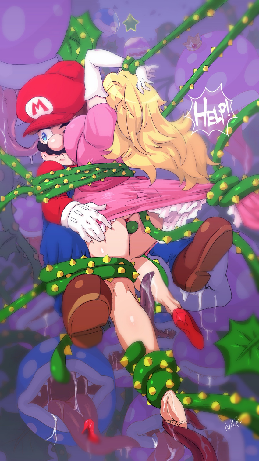 1boy 1girl :t artist_name ass bare_legs blonde_hair blue_eyes bound_together breast_press breasts brown_footwear crown crown_removed dress dress_tug elbow_gloves facial_hair footwear_removed frills from_behind gloves hat high_heels large_breasts leaf licking long_hair long_sleeves looking_to_the_side mario mario_(series) mustache nm_qi one_eye_closed panties pink_dress piranha_plant plant princess_peach puffy_short_sleeves puffy_sleeves red_hat red_panties red_shirt restrained saliva sharp_teeth shirt shoes star super_mario_bros. sweatdrop teeth tentacle thigh_grab thorns toes tongue tongue_out vines white_gloves