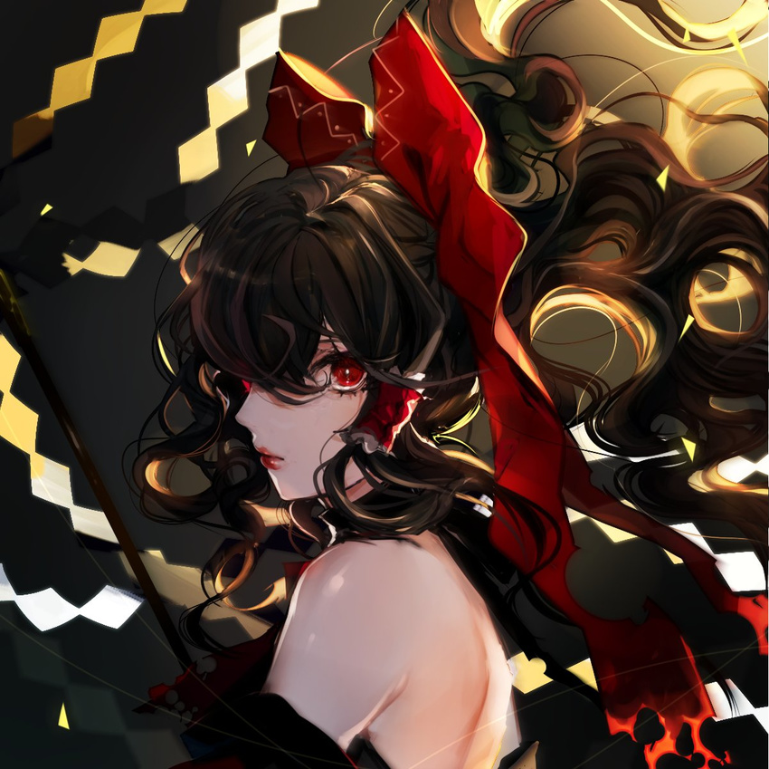 alternate_costume backlighting bare_shoulders black_background black_hair bow daimaou_ruaeru eyelashes floating_hair from_side gohei gradient gradient_background hair_bow hair_over_one_eye hair_tubes hakurei_reimu highres lips lipstick long_hair makeup red_bow red_eyes red_lipstick shide solo touhou upper_body yellow_background