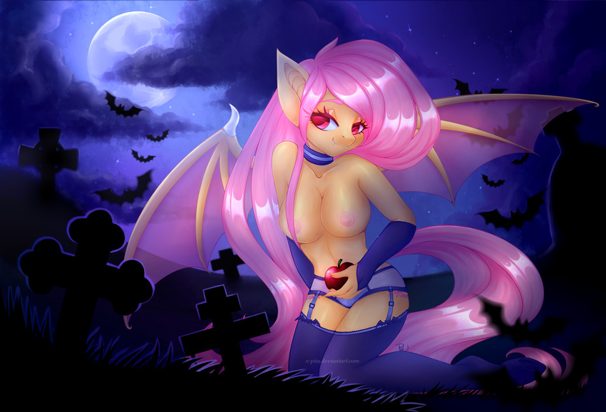 2017 anthro apple areola armwear bat bat_pony bat_wings big_breasts breasts clothing cloud collar cute cute_fangs cutie_mark detailed_background elbow_gloves erect_nipples eyebrows eyelashes fangs female flutterbat_(mlp) fluttershy_(mlp) food friendship_is_magic fruit full-length_portrait gloves grass grave hair halloween hi_res holding_food holding_object holidays kneeling legwear long_hair looking_at_viewer makeup mammal mascara membranous_wings moon my_little_pony night nipples panties piiu pink_hair portrait pose red_eyes signature sky solo star starry_sky stockings text tombstone underwear watermark wings