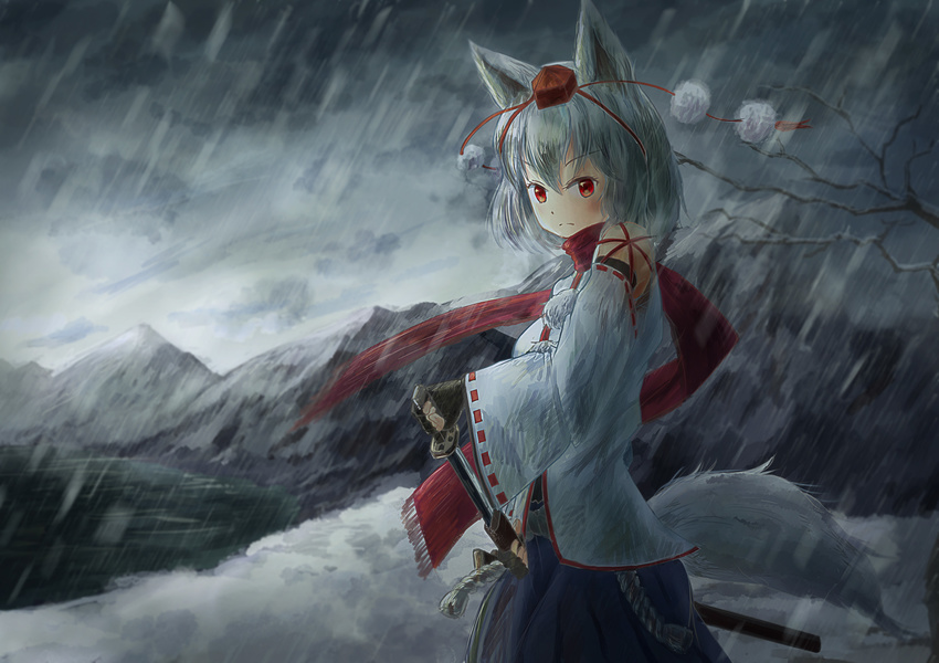 animal_ears bare_tree blue_skirt cowboy_shot detached_sleeves ekaapetto eyebrows_visible_through_hair faux_traditional_media fingerless_gloves frown gloves hand_on_hilt hat highres inubashiri_momiji looking_at_viewer mountain overcast pom_pom_(clothes) red_eyes scabbard scarf sheath skirt snowing snowstorm solo standing sword tail tokin_hat touhou tree unsheathing weapon wind wolf_ears wolf_tail