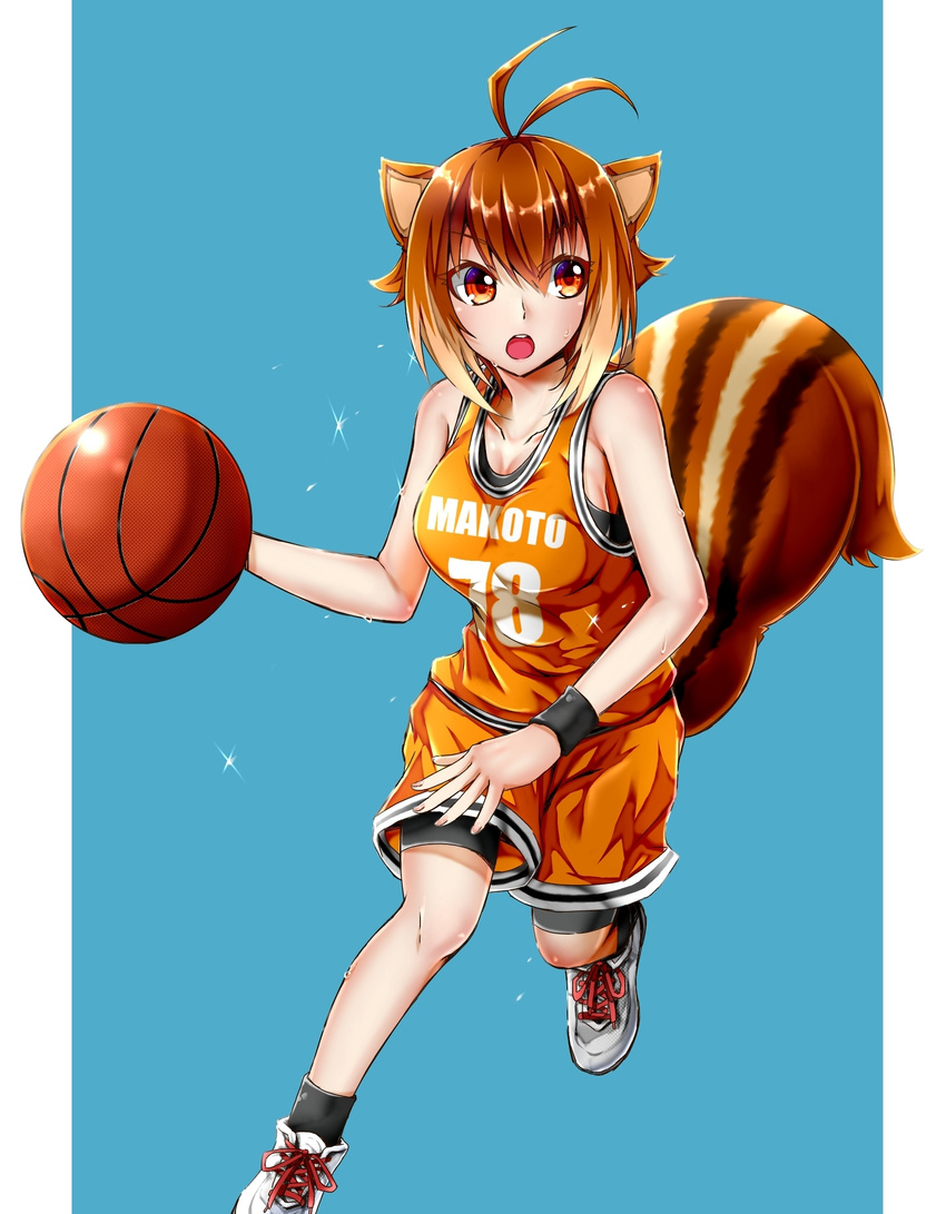 1girl :o animal_ears basketball basketball_uniform bike_shorts bike_shorts_under_shorts black_socks blazblue blazblue:_continuum_shift breasts brown_hair character_name chukachuka cleavage full_body gradient_hair large_breasts makoto_nanaya open_mouth orange_eyes shoes shorts socks solo sparkles sports_bra sportswear squirrel_tail sweat two-tone_hair white_hair wristband