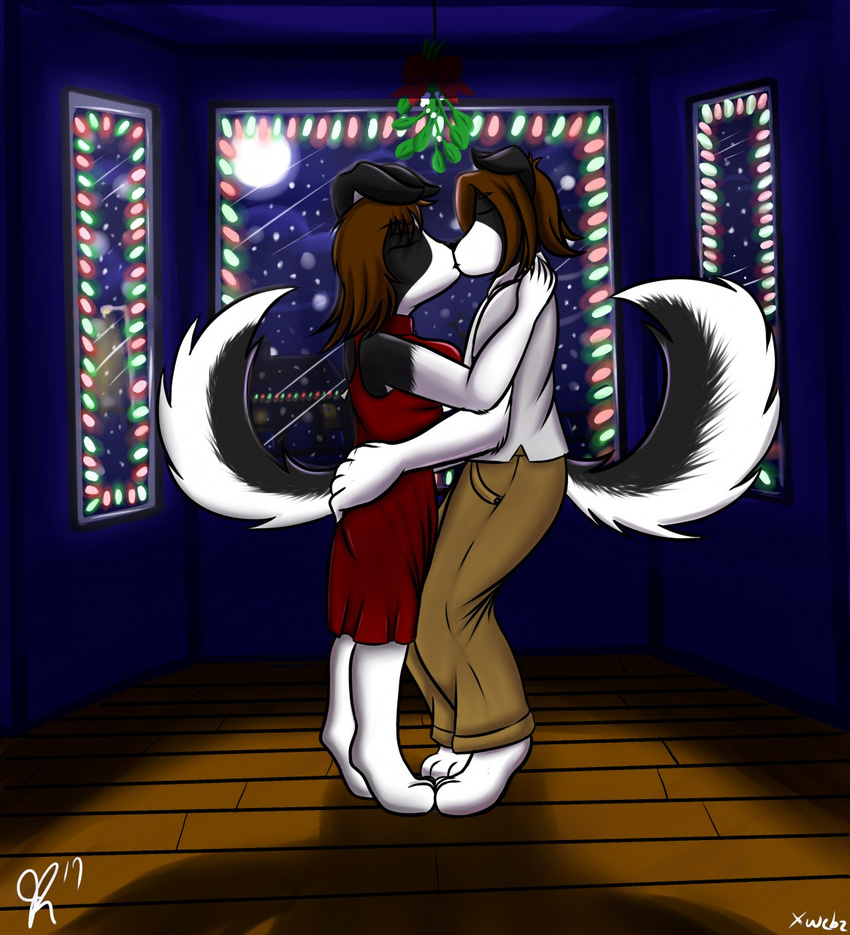 2017 5_fingers amy_blackthorne anthro barefoot bay_window biped black_ears black_fur black_nose black_tail border_collie bottomwear breasts brown_eyebrows brown_hair building canine christmas christmas_lights clothed clothing collar collared_shirt collie detailed_background digital_media_(artwork) digitigrade dog dress duo eyebrows eyebrows_visible_through_hair eyes_closed female fingers fully_clothed fur hair hand_on_hip holidays inside khaki_pants khakis kissing light male mammal medium_breasts mistletoe moon multicolored_fur multicolored_tail night night_sky pants plant red_clothing red_collar red_dress romantic romantic_couple shadow shirt side_view signature sky snout snow snowing standing street_lamp tan_bottomwear tan_clothing tan_pants tom_blackthorne topwear two_tone_fur two_tone_tail white_clothing white_fur white_shirt white_tail white_topwear window wooden_floor xwebzx