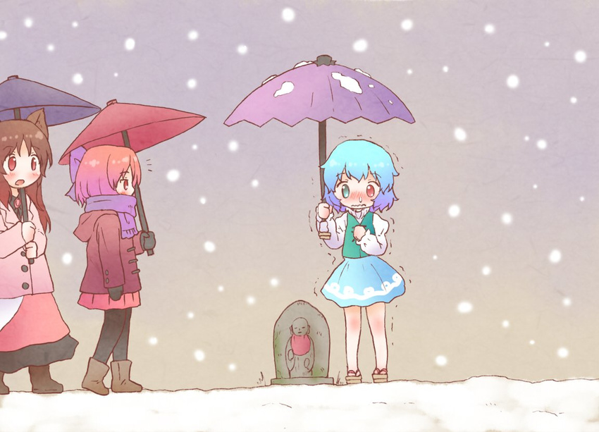 animal_ears aqua_vest arinu blue_eyes blue_hair blue_skirt blue_umbrella bow brown_footwear brown_hair coat cold geta hair_bow heterochromia holding holding_umbrella hood hood_down hooded_coat imaizumi_kagerou jizou juliet_sleeves long_hair long_sleeves multiple_girls pantyhose pink_coat pink_skirt puffy_sleeves purple_bow purple_scarf red_coat red_eyes red_hair red_umbrella scarf sekibanki short_hair skirt snot snow snowing tatara_kogasa touhou trembling umbrella winter winter_clothes wolf_ears