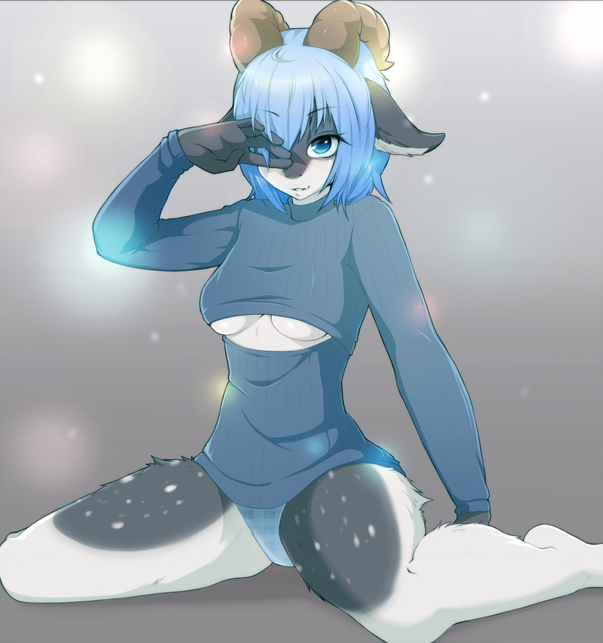 anthro blue_eyes blue_hair breasts caprine clothed clothing coffeechicken female fur goat grey_fur hair horn kara_(trippledot) mammal pants solo spots sweater white_fur