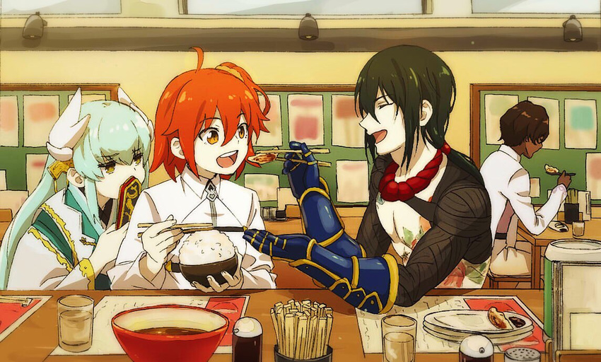 2girls :d arjuna_(fate/grand_order) blue_hair bowl brown_hair chaldea_uniform chopsticks closed_eyes commentary_request cup dark_skin dark_skinned_male drinking_glass envy eyebrows_visible_through_hair fan fate/grand_order fate_(series) feeding folding_fan food fujimaru_ritsuka_(female) gauntlets green_hair grey_jacket hair_between_eyes holding indoors jacket japanese_clothes kimono kiyohime_(fate/grand_order) long_hair long_sleeves mi_(pic52pic) multiple_boys multiple_girls one_side_up open_mouth orange_eyes plate red_hair rice smile tattoo white_kimono wide_sleeves yan_qing_(fate/grand_order)