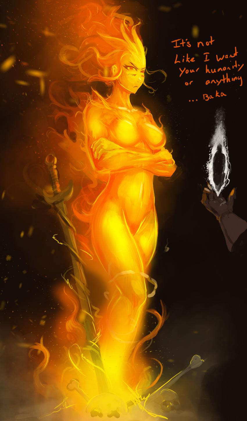 2016 blush bone bonfire-chan breasts crossed_arms dark_souls dialogue disembodied_hand duo elemental english_text featureless_breasts female fire fire_elemental hi_res humanoid magic melee_weapon mothmandraws navel not_furry nude solo_focus standing sword text tsundere two_best_friends_play video_games weapon