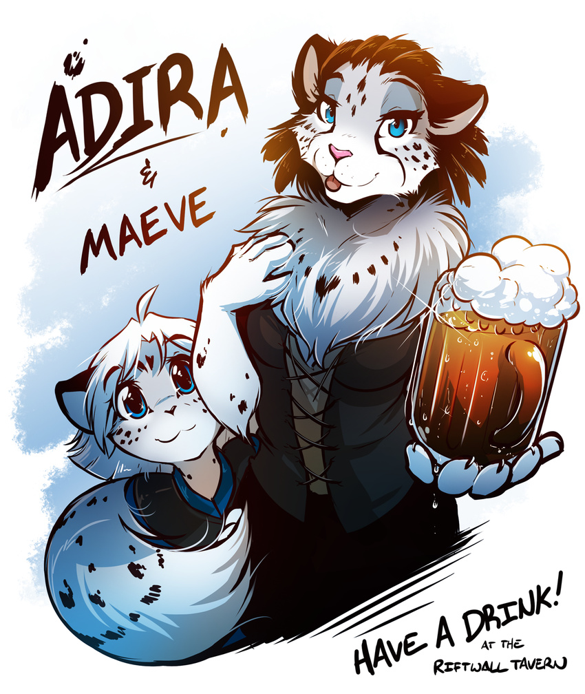2018 adira_(twokinds) age_difference alcohol anthro beer beverage blue_background chest_tuft clothed clothing corset cub daughter duo english_text feline female fluffy fluffy_tail fur glass gradient_background grey_fur hi_res holding_object keidran leopard lingerie looking_at_viewer maeve_(twokinds) mammal mother mother_and_daughter multicolored_fur parent pink_nose simple_background smile snow_leopard spots spotted_fur tail_coil text tom_fischbach tongue tongue_out tuft twokinds webcomic white_fur young
