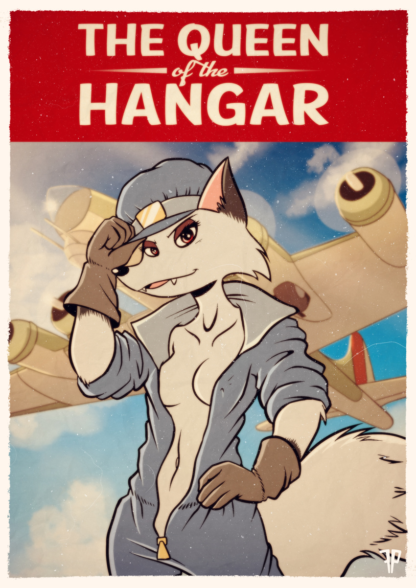 aircraft airplane anthro b-17 black_nose breasts canine cheek_tuft clothed clothing cloud cute_fangs english_text female fox fox-pop fur gloves gloves_(marking) grin half-closed_eyes hat jumpsuit looking_at_viewer mammal markings mechanic nakhta navel nipple_bulge open_shirt poster propaganda queen red_eyes royalty sky smile solo text tuft uniform white_fur zipper