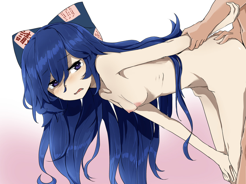 1girl arm_grab ass_grab bent_over blue_bow blue_eyes blue_hair blush bow breasts eyebrows_visible_through_hair gradient gradient_background hair_between_eyes hanging_breasts hetero hip_bones long_hair nipples nude pink_background sex skinny small_breasts solo_focus standing_sex tears touhou tyouseki very_long_hair white_background yorigami_shion