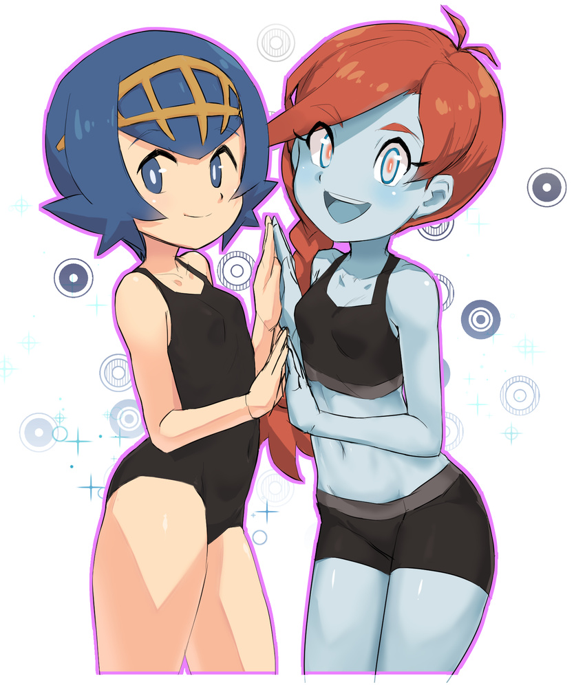 amamo_(pokemon) bad_id bad_pixiv_id blue_eyes blue_hair blue_skin braid breasts covered_navel crop_top cropped_legs highres holding_hands long_hair looking_at_viewer midriff multiple_girls navel nyonn24 one-piece_swimsuit orange_hair pokemon pokemon_(game) pokemon_sm pokemon_usum short_hair shorts simple_background small_breasts smile suiren_(pokemon) swimsuit white_background