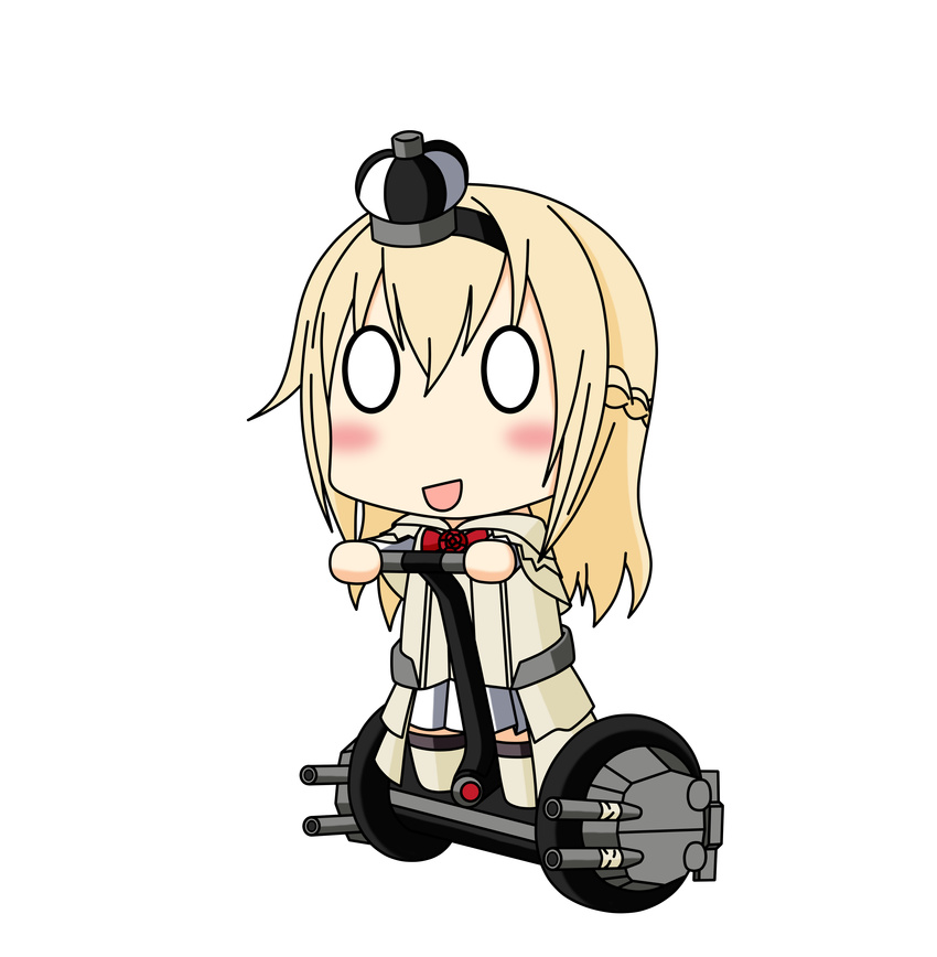 1girl absurdres blonde_hair bow braid chibi commentary_request crown dress flower french_braid hairband highres kantai_collection kinoko_(benitengudake) long_hair mini_crown off-shoulder_dress off_shoulder open_mouth red_bow red_flower red_rose riding rose segway simple_background smile solo turret warspite_(kantai_collection) white_background