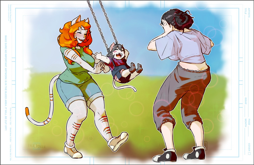 anthro clothed clothing daughter day feline group human mammal mother mother_and_daughter nlr_domain open_mouth outside parent sky smile swing young